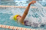 14 May 2023; Orlagh Faul of Glenswilly-Churchill in Donegal competes in the backstroke U16 & O14 girls event during the Community Games Swimming Finals 2023 at Lough Lanagh Swimming Complex in Castlebar, Mayo, which had over 800 children participating. Photo by Piaras Ó Mídheach/Sportsfile