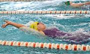 14 May 2023; Orlagh Faul of Glenswilly-Churchill in Donegal competes in the backstroke U16 & O14 girls event during the Community Games Swimming Finals 2023 at Lough Lanagh Swimming Complex in Castlebar, Mayo, which had over 800 children participating. Photo by Piaras Ó Mídheach/Sportsfile