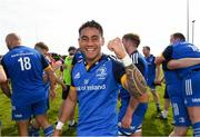 13 May 2023; Mikey Russell of Leinster celebrates after the Interprovincial Juniors match between Leinster and Munster at Waterford City RFC in Waterford. Photo by Matt Browne/Sportsfile