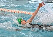 14 May 2023; Alicia Duignan of Carrick in Leitrim competes in the swim squad 4x50m medley U16 & O13 girls event during the Community Games Swimming Finals 2023 at Lough Lanagh Swimming Complex in Castlebar, Mayo, which had over 800 children participating. Photo by Piaras Ó Mídheach/Sportsfile