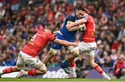 13 May 2023; Jack Conan of Leinster is tackled by Gavin Coombes and Ben Healy of Munster during the United Rugby Championship Semi-Final match between Leinster and Munster at the Aviva Stadium in Dublin. Photo by Harry Murphy/Sportsfile