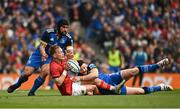 13 May 2023; Mike Haley of Munster is tackled by Robbie Henshaw and Charlie Ngatai of Leinster during the United Rugby Championship Semi-Final match between Leinster and Munster at the Aviva Stadium in Dublin. Photo by Harry Murphy/Sportsfile