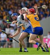 13 May 2023; Jamie Barron of Waterford is tackled by Ryan Taylor and John Conlon of Clare, right, during the Munster GAA Hurling Senior Championship Round 3 match between Waterford and Clare at FBD Semple Stadium in Thurles, Tipperary. Photo by Ray McManus/Sportsfile