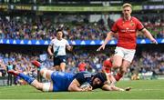 13 May 2023; Ryan Baird of Leinster scores a try which was subsequently disallowed during the United Rugby Championship Semi-Final match between Leinster and Munster at the Aviva Stadium in Dublin. Photo by Harry Murphy/Sportsfile