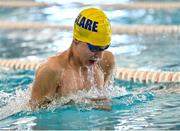 14 May 2023; Sean Finn of Ennis St John's in Clare competes in the swim squad 4x50m medley U16 & O13 boys event during the Community Games Swimming Finals 2023 at Lough Lanagh Swimming Complex in Castlebar, Mayo, which had over 800 children participating. Photo by Piaras Ó Mídheach/Sportsfile