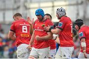 13 May 2023; Tadhg Beirne of Munster, centre, celebrates with teammate Fineen Wycherley, right, after winning a penalty during the United Rugby Championship Semi-Final match between Leinster and Munster at the Aviva Stadium in Dublin. Photo by Seb Daly/Sportsfile