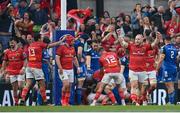 13 May 2023; Jeremy Loughman of Munster, right, celebrates his side's first try during the United Rugby Championship Semi-Final match between Leinster and Munster at the Aviva Stadium in Dublin. Photo by Seb Daly/Sportsfile