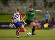 13 May 2023; Becky Watkins of Peamount United takes a shot at goal ahead of Ciara Griffin of Treaty United during the SSE Airtricity Women's Premier Division match between Treaty United and Peamount United at Markets Field in Limerick. Photo by Tom Beary/Sportsfile