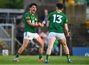 13 May 2023; Aaron Lynch of Meath, left, celebrates with teammate Jordan Morris, after he scores his side's first goal during the Tailteann Cup Group 2 Round 1 match between Meath and Tipperary at Páirc Tailteann in Navan, Meath. Photo by Tyler Miller/Sportsfile