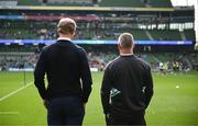 13 May 2023; Leinster head coach Leo Cullen and senior coach Stuart Lancaster before the United Rugby Championship Semi-Final match between Leinster and Munster at the Aviva Stadium in Dublin. Photo by Harry Murphy/Sportsfile