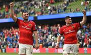 13 May 2023; Munster players Tadhg Beirne, left, and Jack O'Donoghue celebrate after their side's victory in the United Rugby Championship Semi-Final match between Leinster and Munster at the Aviva Stadium in Dublin. Photo by Seb Daly/Sportsfile