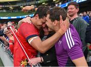13 May 2023; Antoine Frisch of Munster celebrates with supporters after their side's victory in the United Rugby Championship Semi-Final match between Leinster and Munster at the Aviva Stadium in Dublin. Photo by Seb Daly/Sportsfile
