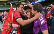 13 May 2023; Antoine Frisch of Munster celebrates with supporters after their side's victory in the United Rugby Championship Semi-Final match between Leinster and Munster at the Aviva Stadium in Dublin. Photo by Seb Daly/Sportsfile