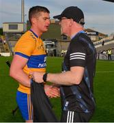 13 May 2023; Clare manager Brian Lohan congratulates Conor Cleary after the Munster GAA Hurling Senior Championship Round 3 match between Waterford and Clare at FBD Semple Stadium in Thurles, Tipperary. Photo by Ray McManus/Sportsfile