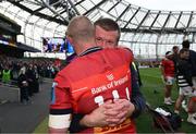 13 May 2023; Munster head coach Graham Rowntree and Keith Earls of Munster embrace after the United Rugby Championship Semi-Final match between Leinster and Munster at the Aviva Stadium in Dublin. Photo by Harry Murphy/Sportsfile