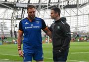 13 May 2023; Jonathan Sexton and Jason Jenkins of Leinster after their side's defeat in the United Rugby Championship Semi-Final match between Leinster and Munster at the Aviva Stadium in Dublin. Photo by Harry Murphy/Sportsfile