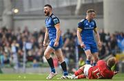 13 May 2023; Robbie Henshaw of Leinster celebrates a tackle on Keith Earls of Munster during the United Rugby Championship Semi-Final match between Leinster and Munster at the Aviva Stadium in Dublin. Photo by Harry Murphy/Sportsfile