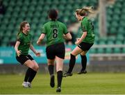 13 May 2023; Kate Mooney of Peamount United celebrates after scoring her side's first goal with teammate Ellen Dolan, left,  during the SSE Airtricity Women's Premier Division match between Treaty United and Peamount United at Markets Field in Limerick. Photo by Tom Beary/Sportsfile