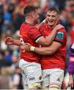 13 May 2023; Alex Kendellen, left, and Gavin Coombes of Munster celebrate after the United Rugby Championship Semi-Final match between Leinster and Munster at the Aviva Stadium in Dublin. Photo by Brendan Moran/Sportsfile