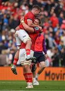 13 May 2023; Alex Kendellen, left, and Gavin Coombes of Munster celebrate after the United Rugby Championship Semi-Final match between Leinster and Munster at the Aviva Stadium in Dublin. Photo by Brendan Moran/Sportsfile