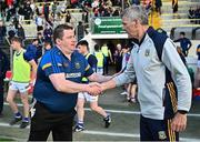 13 May 2023; Tipperary manager David Power and Meath manager Colm O'Rourke after the Tailteann Cup Group 2 Round 1 match between Meath and Tipperary at Páirc Tailteann in Navan, Meath. Photo by Tyler Miller/Sportsfile