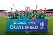14 May 2023; The Ireland team celebrate beating Fiji and qualifying for the Paris 2023 Olympic Games after the World Rugby Sevens Series 2023 5th place semi-final match between Ireland and Fiji at Stade Ernest Wallon in Toulouse, France. Photo by Sportsfile