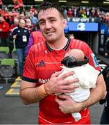 13 May 2023; Niall Scannell of Munster celebrates with his son Charlie after the United Rugby Championship Semi-Final match between Leinster and Munster at the Aviva Stadium in Dublin. Photo by Brendan Moran/Sportsfile