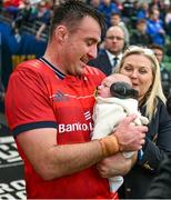 13 May 2023; Niall Scannell of Munster and his son Charlie are congratulated by Leinster Rugby president Debbie Carty after the United Rugby Championship Semi-Final match between Leinster and Munster at the Aviva Stadium in Dublin. Photo by Brendan Moran/Sportsfile