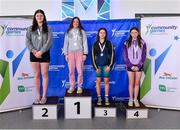 14 May 2023; Medallists in the Girls 16 & under 50 metre breaststroke event, from left, Éabha Nic Aoidh of Gaoth Dobhair in Donegal in second place; Georgina Walker of Magheracloone in Monaghan in first place; Molly Mulvey of Carrick in Leitrim in third place; and Shauna Murphy of Glanmire in Cork, during the Community Games Swimming Finals 2023 at Lough Lanagh Swimming Complex in Castlebar, Mayo, which had over 800 children participating. Photo by Piaras Ó Mídheach/Sportsfile