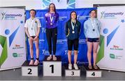 14 May 2023; Medallists in the Girls 16 & under 50 metre butterfy event, from left, Lucy O'Brien of Limerick in second place; Katie Kelly of Killanin in Galway in first place; Phoebe Lynott of Carrick in Leitrim in third place; and Ciara Quilter of Spa-Fenit-Barrow in Kerry in fourth place, during the Community Games Swimming Finals 2023 at Lough Lanagh Swimming Complex in Castlebar, Mayo, which had over 800 children participating. Photo by Piaras Ó Mídheach/Sportsfile