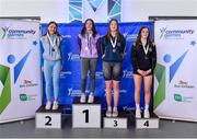 14 May 2023; Medallists in the Girls 16 & under 50 backstroke event, from left, Caoimhe Walsh of Bonniconlon in Mayo in second place; Ciara Mooney of Corofin-Belclare-Sylane in Galway in first place; Ella Mae McKeon of Drumshambo in Leitrim in third place; and Lily O'Grady of Skreem-Dromard in Sligo in fourth place; at the Community Games Swimming Finals 2023 at Lough Lanagh Swimming Complex in Castlebar, Mayo, which had over 800 children participating. Photo by Piaras Ó Mídheach/Sportsfile