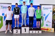 14 May 2023; Medallists in the Boys 16 & under 50 metre freestyle event, from left, Philip Daly of Oldcastle in Meath in second place; Conor McAteer Celbridge-South in Kildare in first place; Evan McKeon of Ballinsloe in Galway in third place; and Justin O'Halloran of Blennerville-Ballyard in Kerry in fourth place, with Olympian swimmer Nicolas Quinn, left, during the Community Games Swimming Finals 2023 at Lough Lanagh Swimming Complex in Castlebar, Mayo, which had over 800 children participating. Photo by Piaras Ó Mídheach/Sportsfile