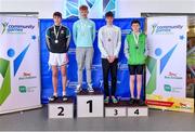 14 May 2023; Medallists in the Boys 16 & under 50 metre freestyle event, from left, Philip Daly of Oldcastle in Meath in second place; Conor McAteer Celbridge-South in Kildare in first place; Evan McKeon of Ballinsloe in Galway in third place; and Justin O'Halloran of Blennerville-Ballyard in Kerry in fourth place, during the Community Games Swimming Finals 2023 at Lough Lanagh Swimming Complex in Castlebar, Mayo, which had over 800 children participating. Photo by Piaras Ó Mídheach/Sportsfile