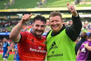 13 May 2023; Munster players John Hodnett, left, and Stephen Archer celebrate after their side's victory in the United Rugby Championship Semi-Final match between Leinster and Munster at the Aviva Stadium in Dublin. Photo by Seb Daly/Sportsfile