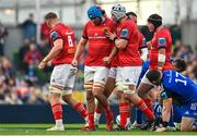 13 May 2023; Tadhg Beirne of Munster, centre, celebrates with teammate Fineen Wycherley, right, after winning a penalty during the United Rugby Championship Semi-Final match between Leinster and Munster at the Aviva Stadium in Dublin. Photo by Seb Daly/Sportsfile