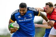 13 May 2023; Paulie Tolofua of Leinster is tackled by Dave Shannon of Munster during the Interprovincial Juniors match between Leinster and Munster at Waterford City RFC in Waterford. Photo by Matt Browne/Sportsfile
