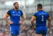 13 May 2023; Leinster players Jason Jenkins, left, and Michael Milne during the United Rugby Championship Semi-Final match between Leinster and Munster at the Aviva Stadium in Dublin. Photo by Seb Daly/Sportsfile