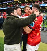 13 May 2023; Munster players, from left, Paddy Patterson, Calvin Nash, Liam Coombes and Diarmuid Barron celebrate after the United Rugby Championship Semi-Final match between Leinster and Munster at the Aviva Stadium in Dublin. Photo by Brendan Moran/Sportsfile