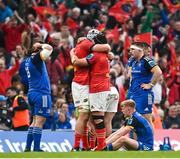 13 May 2023; Leinster players, from left, Thomas Clarkson, Tommy O'Brien and John McKee react after their side's defeat in the United Rugby Championship Semi-Final match between Leinster and Munster at the Aviva Stadium in Dublin. Photo by Harry Murphy/Sportsfile