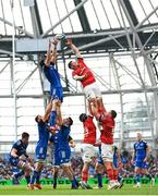 13 May 2023; Ryan Baird of Leinster wins possession in the lineout against Jack O'Donoghue of Munster during the United Rugby Championship Semi-Final match between Leinster and Munster at the Aviva Stadium in Dublin. Photo by Harry Murphy/Sportsfile