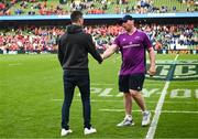 13 May 2023; Jonathan Sexton of Leinster and Munster defence coach Denis Leamy after the United Rugby Championship Semi-Final match between Leinster and Munster at the Aviva Stadium in Dublin. Photo by Harry Murphy/Sportsfile