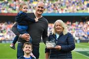 13 May 2023; Mary Carroll, on behalf of the Official Leinster Supporters Club, makes a presentation to former Leinster player Devin Toner, accompanied by his children Grace and Max, during the United Rugby Championship Semi-Final match between Leinster and Munster at the Aviva Stadium in Dublin. Photo by Brendan Moran/Sportsfile