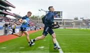 14 May 2023; Dublin goalkeeper Stephen Cluxton, right, and Paul Mannion run out before the Leinster GAA Football Senior Championship Final match between Dublin and Louth at Croke Park in Dublin. Photo by Seb Daly/Sportsfile