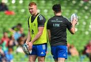 13 May 2023; Ciarán Frawley, left, and Harry Byrne of Leinster before the United Rugby Championship Semi-Final match between Leinster and Munster at the Aviva Stadium in Dublin. Photo by Brendan Moran/Sportsfile