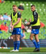13 May 2023; Ciarán Frawley, left, and Sam Prendergast of Leinster before the United Rugby Championship Semi-Final match between Leinster and Munster at the Aviva Stadium in Dublin. Photo by Brendan Moran/Sportsfile