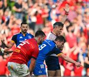 13 May 2023; Referee Frank Murphy signals a try for Munster despite the objection of Luke McGrath of Leinster during the United Rugby Championship Semi-Final match between Leinster and Munster at the Aviva Stadium in Dublin. Photo by Brendan Moran/Sportsfile