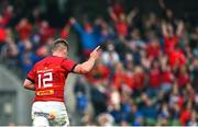 13 May 2023; Jack Crowley of Munster celebrates after kicking a dropgoal to win the game during the United Rugby Championship Semi-Final match between Leinster and Munster at the Aviva Stadium in Dublin. Photo by Brendan Moran/Sportsfile