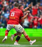 13 May 2023; Craig Casey, right, and Gavin Coombes of Munster celebrate at the final whistle of the United Rugby Championship Semi-Final match between Leinster and Munster at the Aviva Stadium in Dublin. Photo by Brendan Moran/Sportsfile
