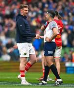 13 May 2023; Ben Healy of Munster, left, shakes hands with referee Frank Murphy after the United Rugby Championship Semi-Final match between Leinster and Munster at the Aviva Stadium in Dublin. Photo by Brendan Moran/Sportsfile