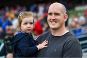 13 May 2023; Former Leinster player Devin Toner with his daughter Grace during the United Rugby Championship Semi-Final match between Leinster and Munster at the Aviva Stadium in Dublin. Photo by Brendan Moran/Sportsfile